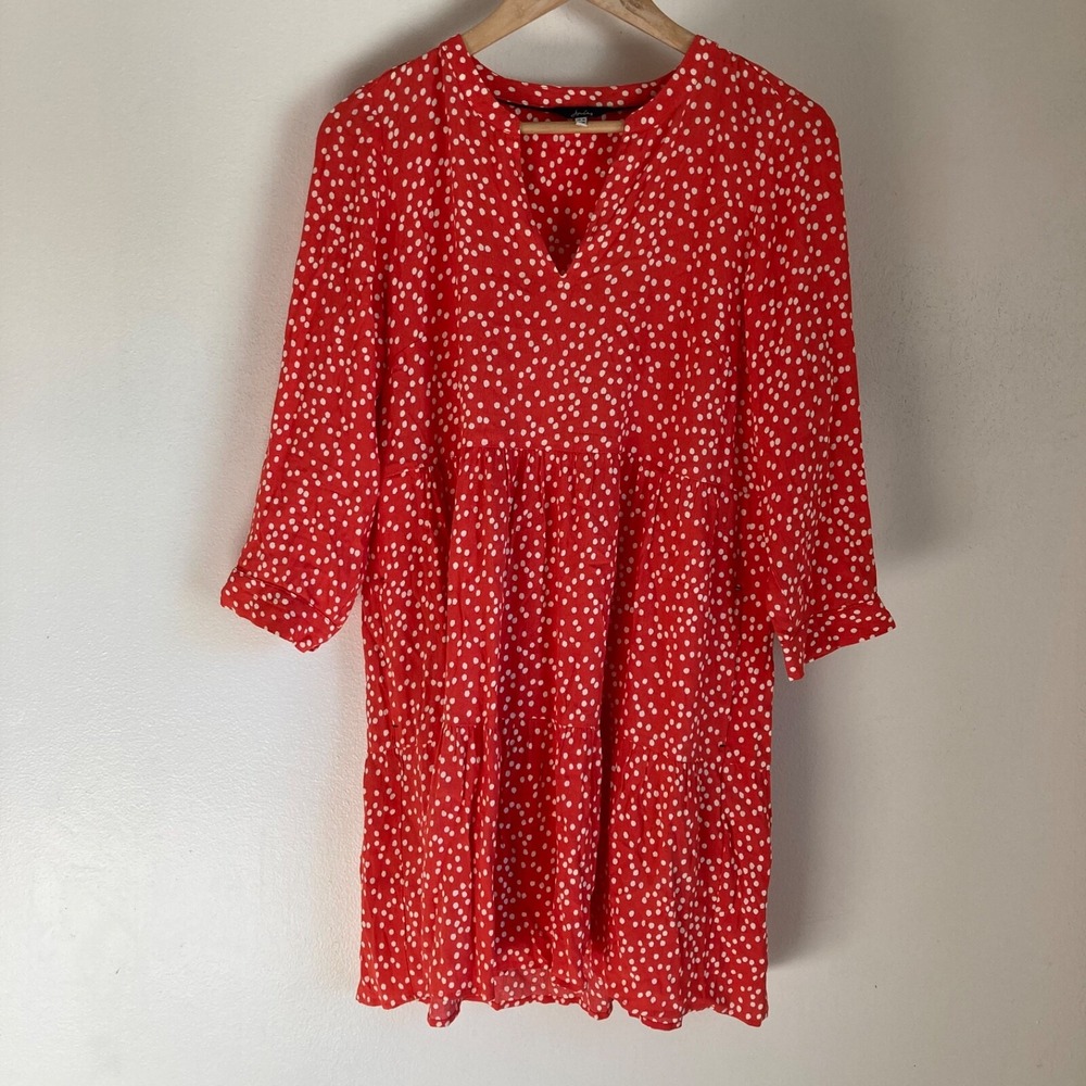 Joules Red Polka Dot Tiered Shift Dress Womens 6 Long Sleeve V-Neck Pockets